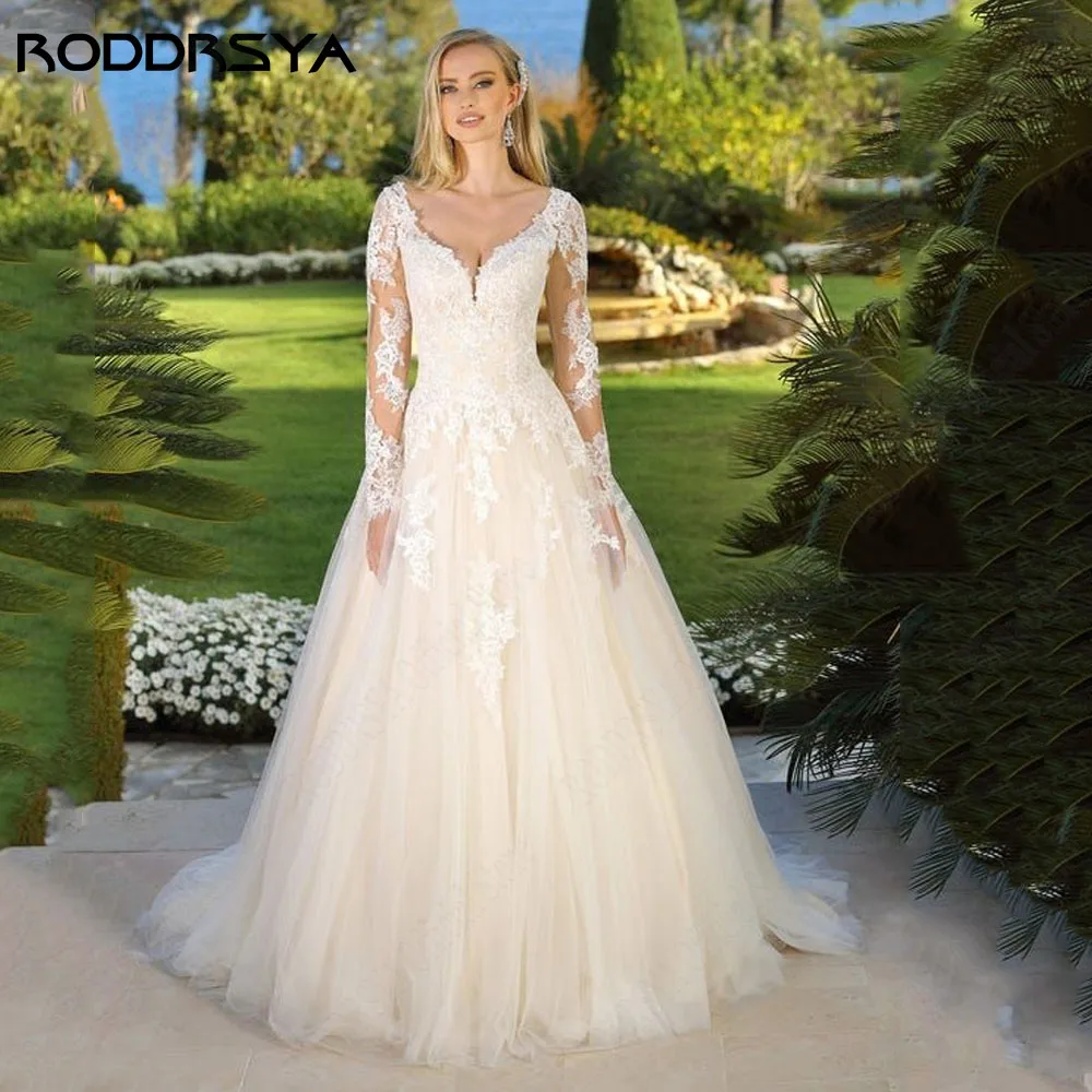 RODDRSYA Elegant Long Sleeves Wedding Dress For 2024 Bride Backless V-Neck Applique A-Line Lace Bridal Gowns Robe De Mariée