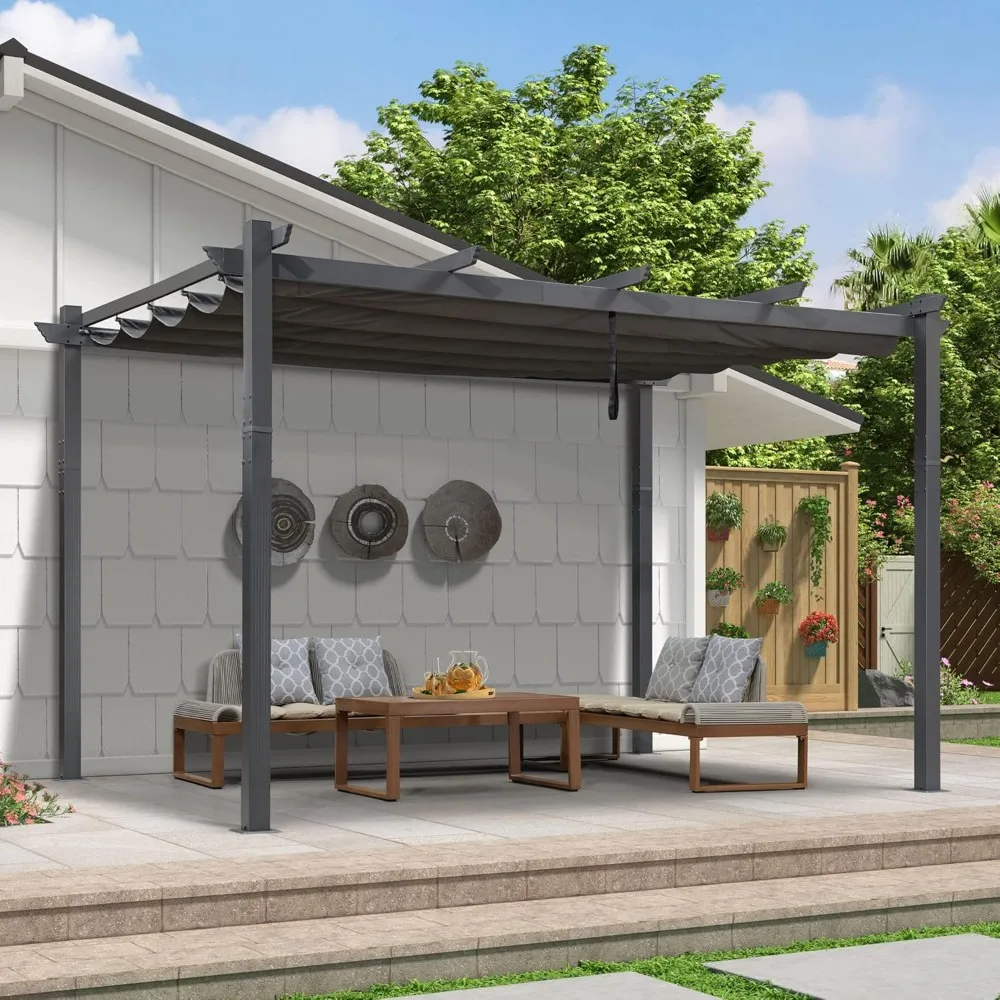 

9.5' X 13' Outdoor Retractable Pergola Against The Wall with Shade Canopy Patio Aluminum Shelter