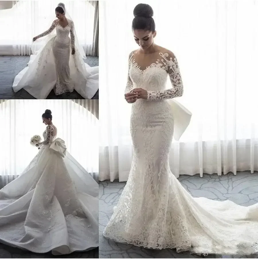 Customized Mermaid Wedding Dresses Sheer Neck Long Sleeves Illusion Lace Applique Bow Overskirts Button Back Chapel Train Gown