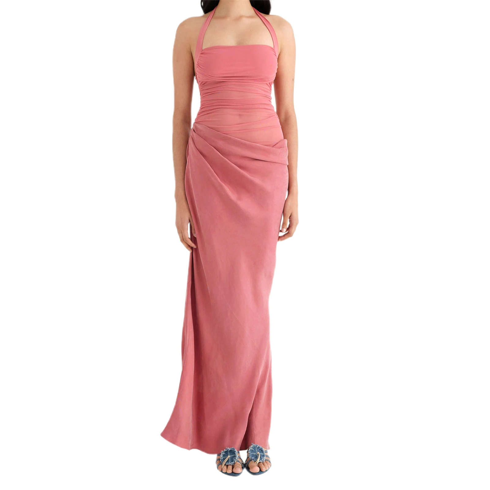 

Women's Ruched Bodycon Long Dress Sleeveless Backless Mesh Patchwork Dress Cocktail Party Dress