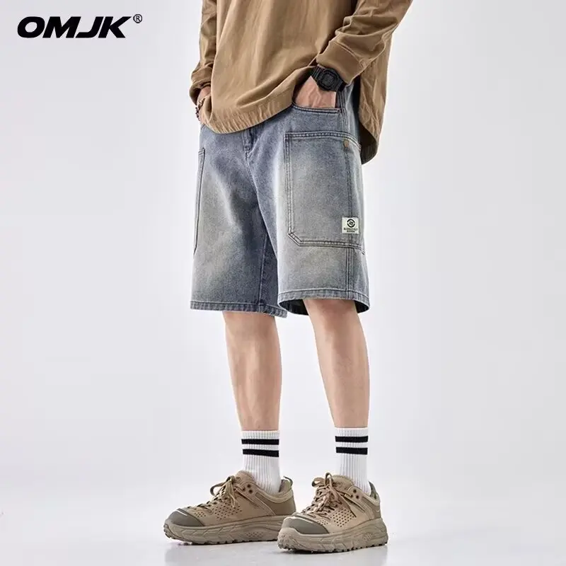 

Летние мужские джинсовые шорты, свободные повседневные синие короткие джинсы, классические однотонные спортивные штаны, повседневная дорожная мужская одежда, новинка 2025 г.