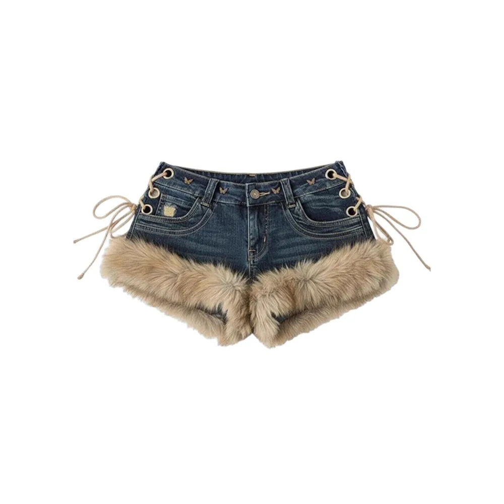 Winter Neue frauen Retro Design Flauschigen Spleißen Jeans Shorts Y2k Low-rise Strap Schlank Hot Pants