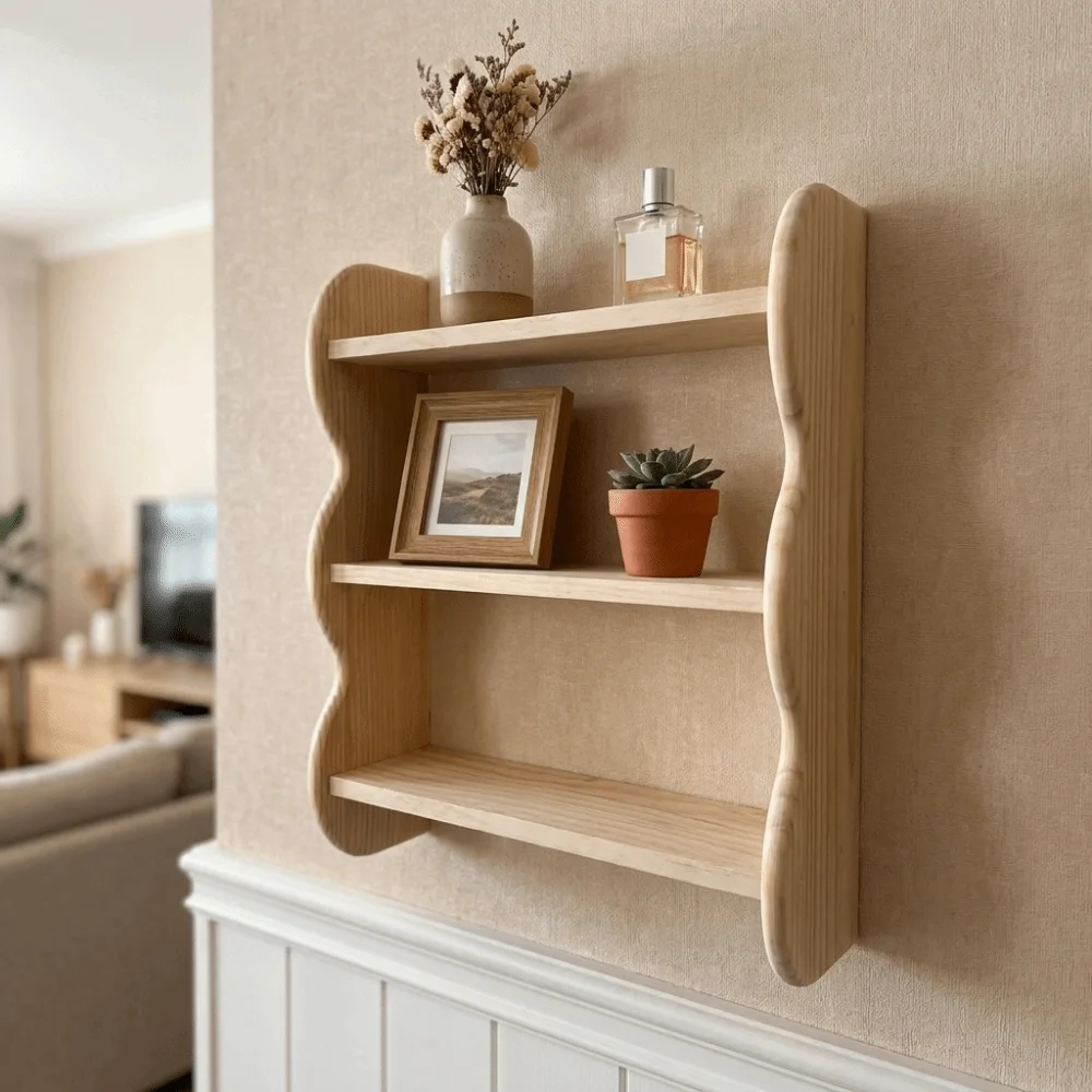 Wooden 3 Tier Wall Mounted Shelf Large Capacity with Screws Wood Floating Shelf Space Saving Cup Storage Rack Bedroom