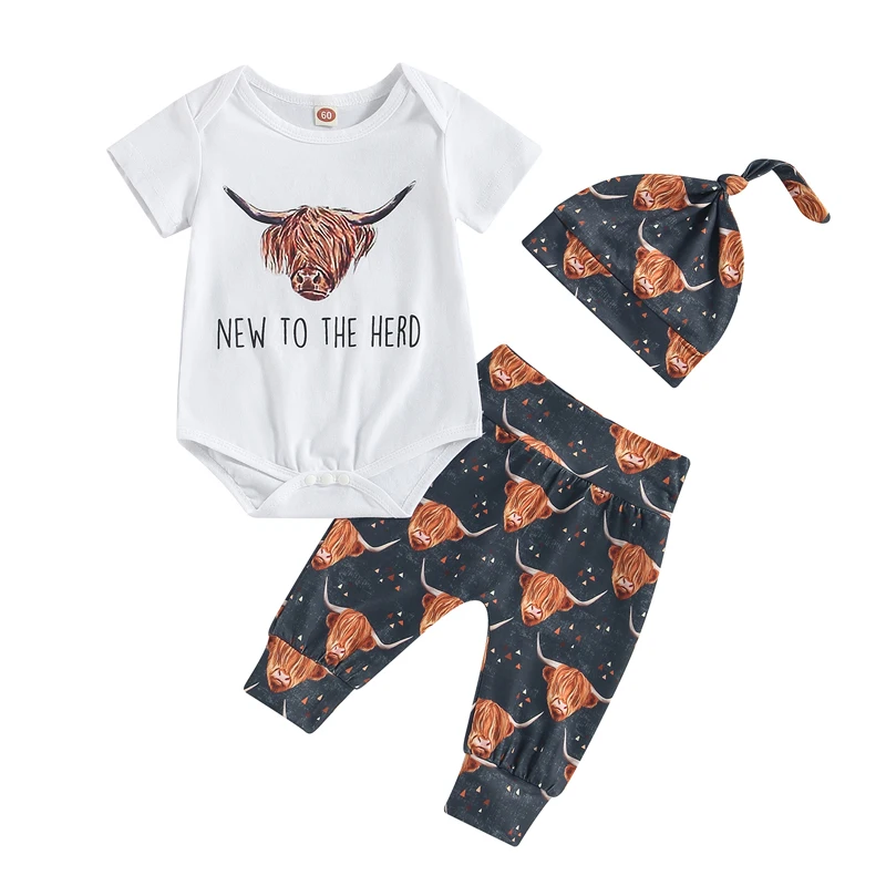 Newborn Baby Boy Girl Clothes Country Farm Western Outfit Short Sleeve Romper Tops Long Pants Set