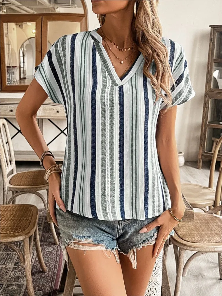 Лето 2022, новые модные свободные блузки в полоску с принтом, топы, женские повседневные топы с v-образным вырезом и короткими рукавами, офисная женская рубашка, топ