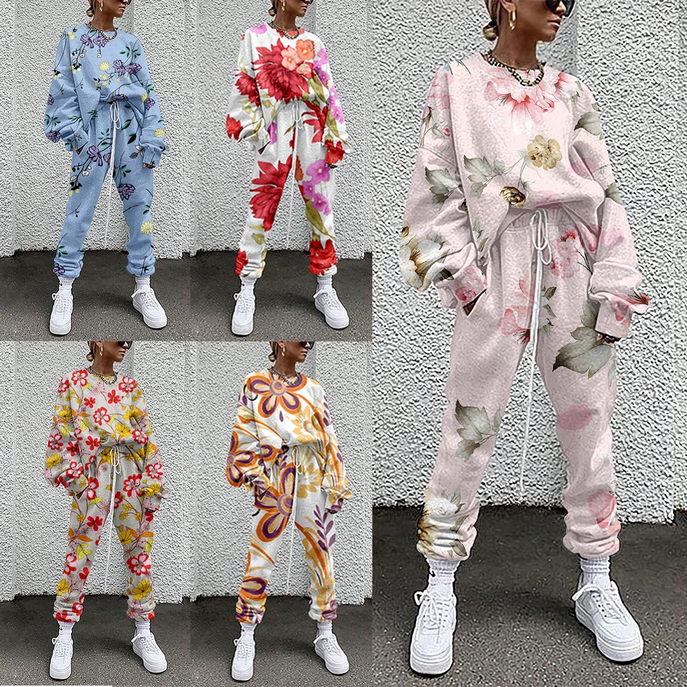 2021 Fall Winter Tracksuits Women Two Piece Set Floral Print Sport Outfits Casual Sweatshirt+Pants Women Sweat Suit Lady Girls