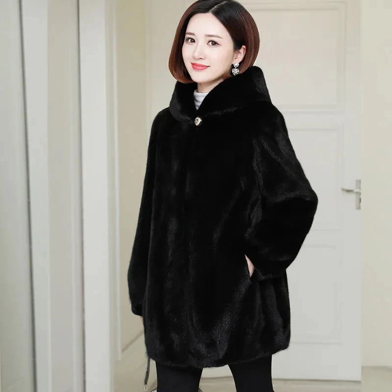 Autumn Winter New imitation mink Fur Coat Korean version Loose Black Mink fur Coats Women's Hooded Medium long Thick Overcoat