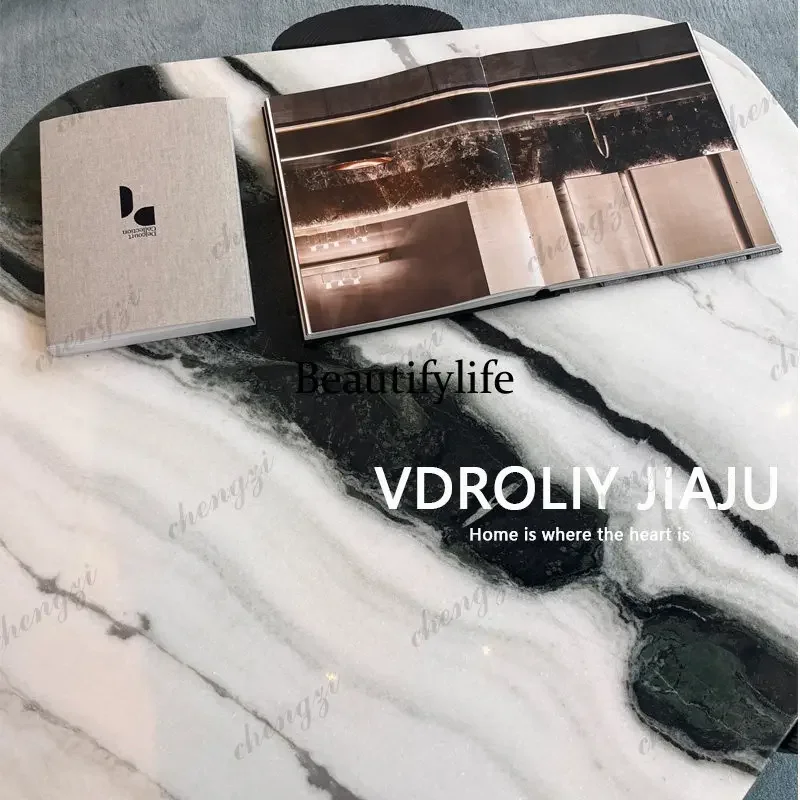 H134 Italian minimalist and creative panda white hexagonal rock slab coffee table modern minimalist special-shaped short table