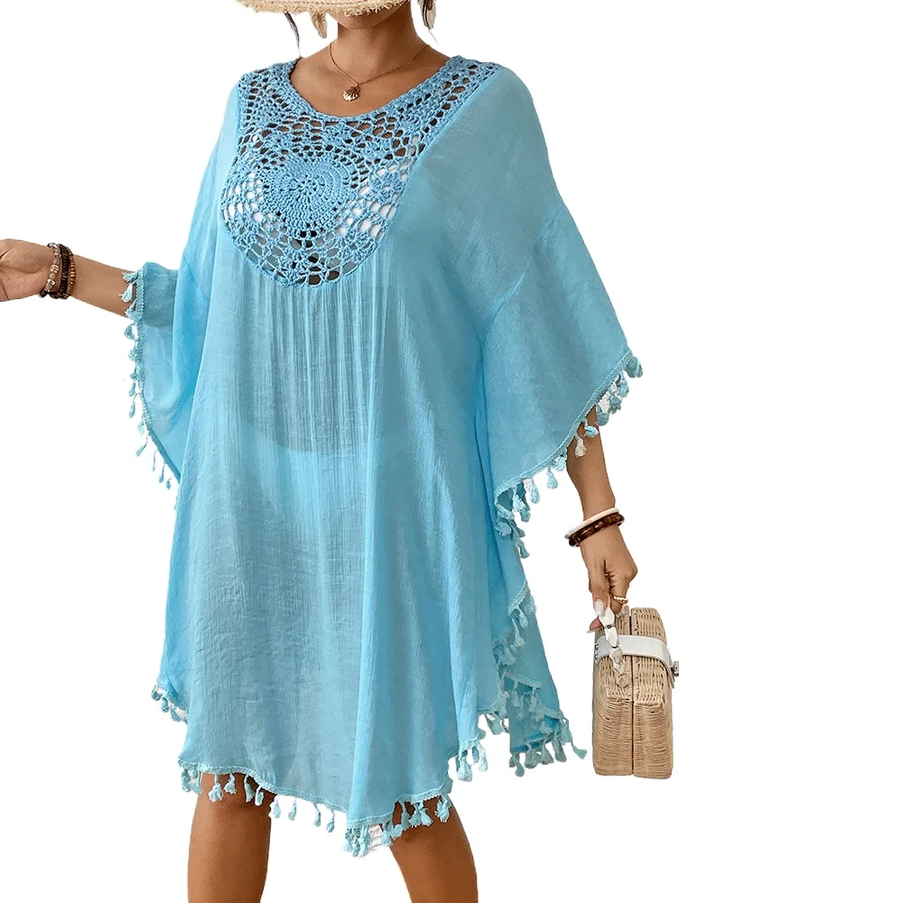 Vestido playero con flecos para mujer, blusa holgada, media manga con cuello redondo, cubierta ligera para traje de baño, vestido informal de verano