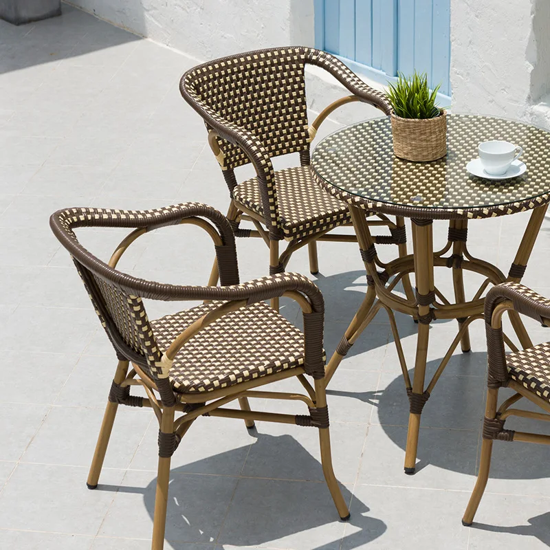 

Rattan pe imitation rattan cafe milk tea shop outdoor table and chair courtyard rattan furniture hotel aluminum alloy