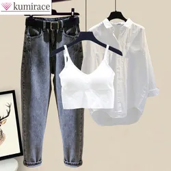 White Shirt Blouse Suspender Vest Loose Denim Three Piece Elegant Women's Pants Set Casual Outfits Popular Clothing