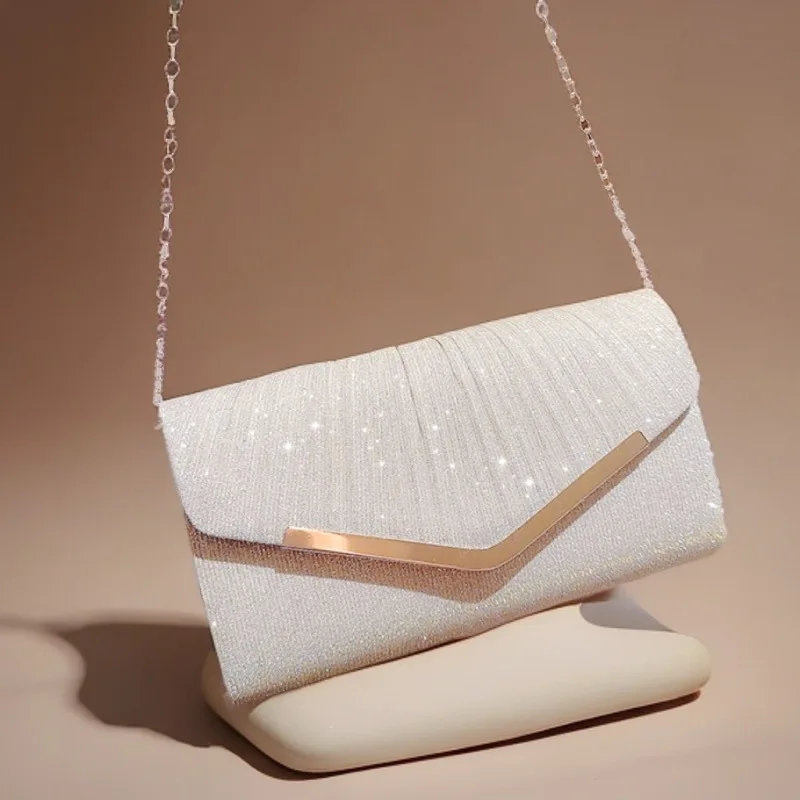 Women Luxury Metallic Clutch Purse Gold Silver Party Bag Elegant Chain Shoulder Evening Handbag Wedding Banquet Mini Tote