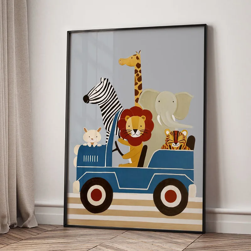 Funny Cartoon Animal Car Balloon Nursery Wall Art Canvas Painting Lion Bear Tiger Posters & Prints Pictures Baby Kids Room Decor