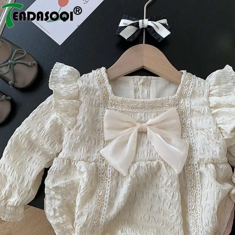 

New In Autumn 2023 Lace Kids Infant Bodysuits 0-24M Cute One-Piece Ruched Lace Overalls for Newborn Baby Girls with Big Bow