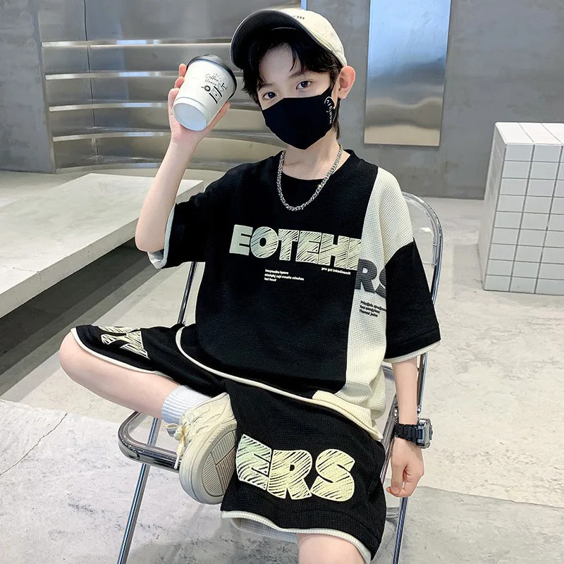 Teen Boys Clothes Sets Summer Short Sweatshirt + Pants Children Clothing Solid Kids Boy Sport Suits 4 6 8 10 12 14 Years