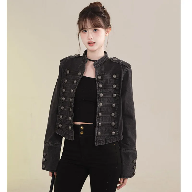 

Spring And Autumn Women Vintage Denim Jacket Stand Collar Long Sleeve Casual Motorcycle Jeans Coat Female Loose Outerwear T1662