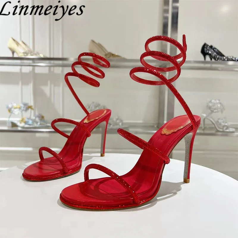 الصيف صنادل كعب عالٍ امرأة حجر الراين خيوط حول الكاحل الأفعى أحذية الزفاف كريستال الكعب صنادل طراز جلاديتور النساء