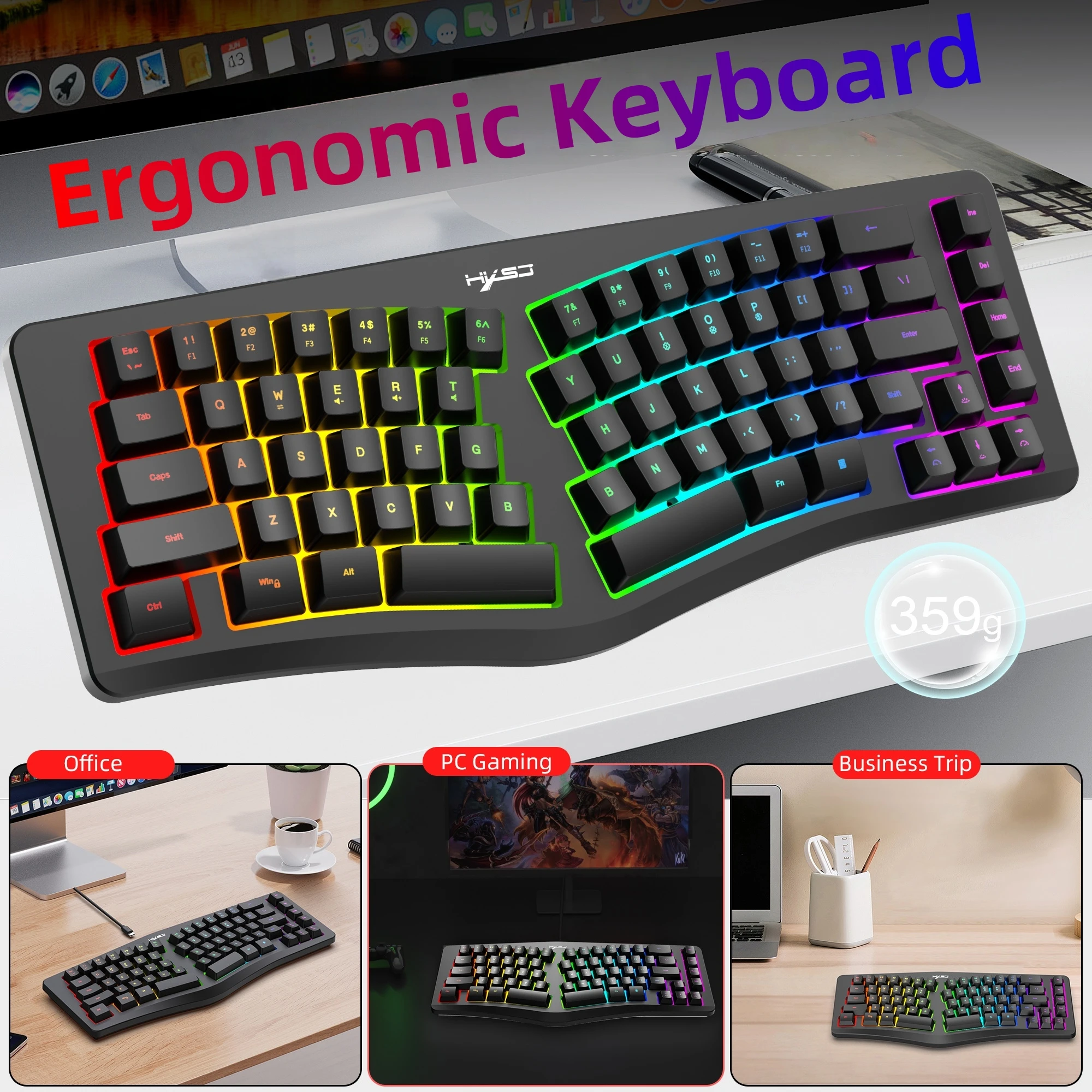 

Эргономичная клавиатура, 69-клавишная проводная USB-клавиатура с RGB-подсветкой для настольного ноутбука с ОС Windows