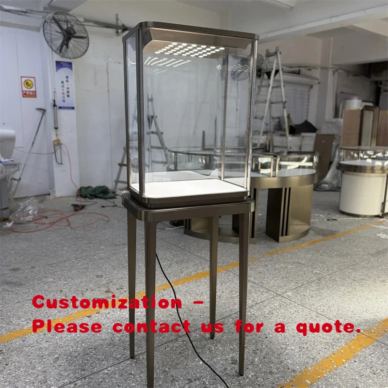custom.Luxury Customized Factory Metal Stainless Steel Tempered Glass LED Jewelry Tall Display showcase