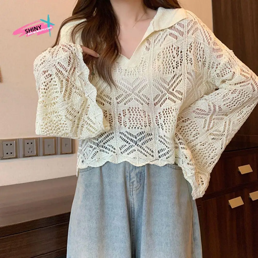 

Leisure V-neck Hollow Out Knit T-shirt Loose Long Sleeve Cover Up Crop Top Korean Style Beachwear Crochet Knitwear Girl