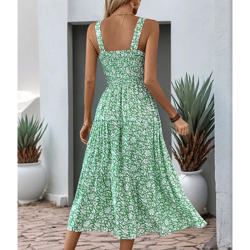 Abito lungo senza maniche estivo da donna sexy Boho Elegante scollo quadrato con stampa floreale Vestito estivo da spiaggia Abiti maxi senza schienale della Boemia