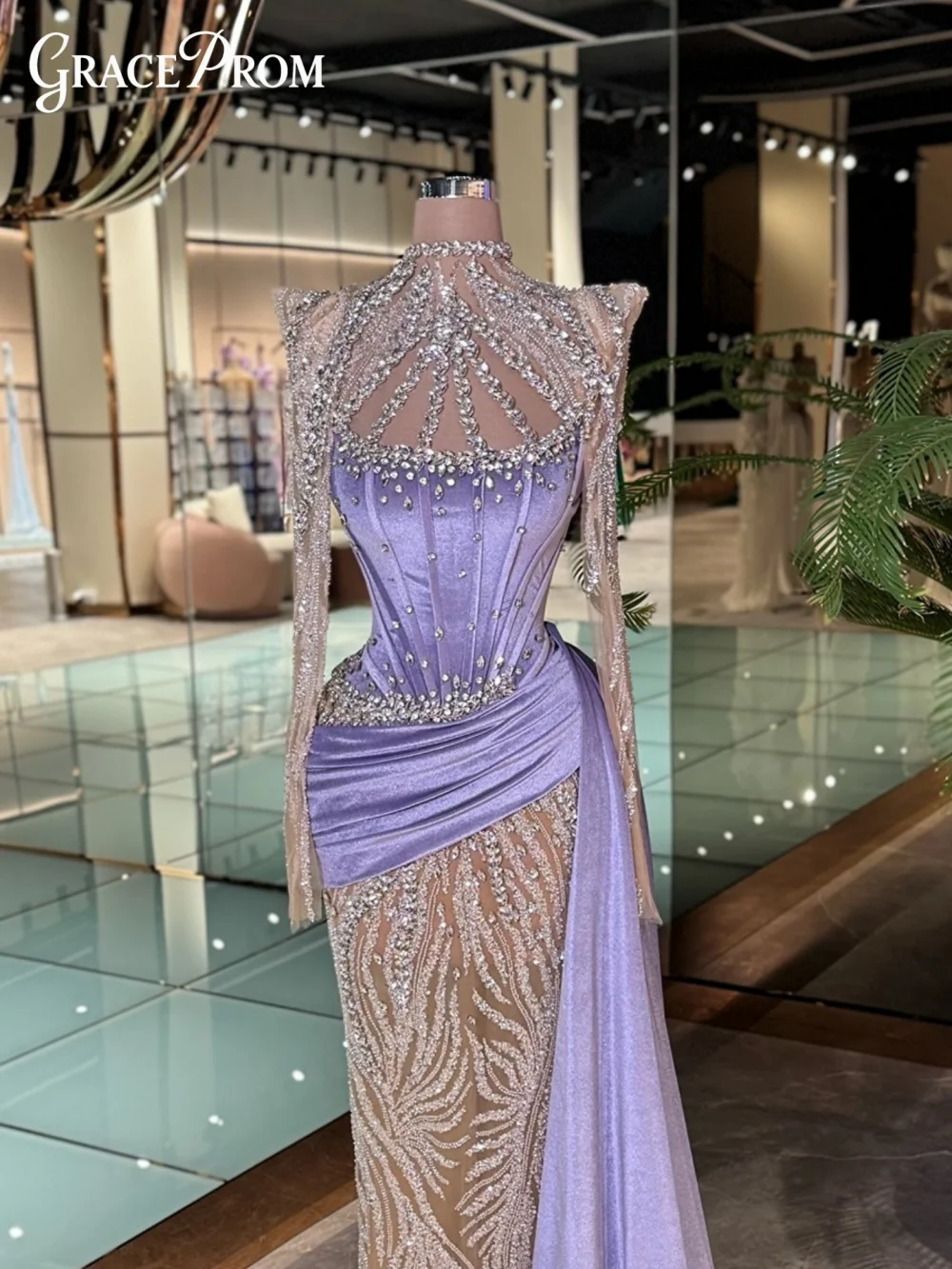 

Elegant Lavender Prom Dress Trendy High Neck Sheer Evening Gown Crystal Party Dress Luxury Cocktail Dress Vestidos De Noche