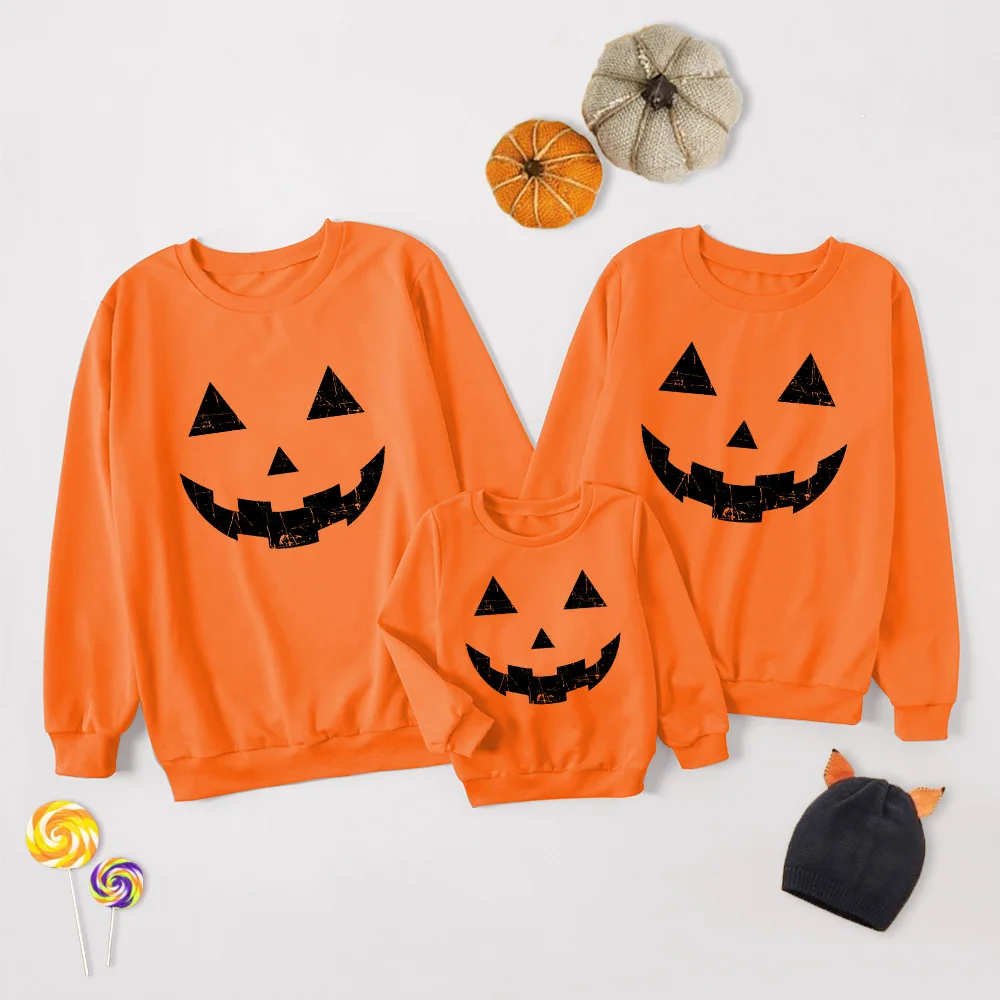 Family Matching Outfits Halloween Costume Sweater Orange Smiley Print Mother and Daughter Hoodies Father Son Sweatshirt Tops