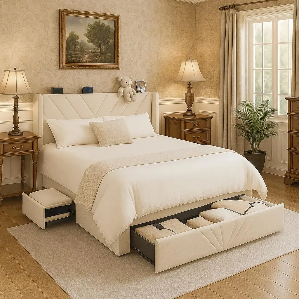 King Size Metal Bed Frame Upholstered Headboard Storage Drawers USB Type-C Charging No Box Spring White Customized