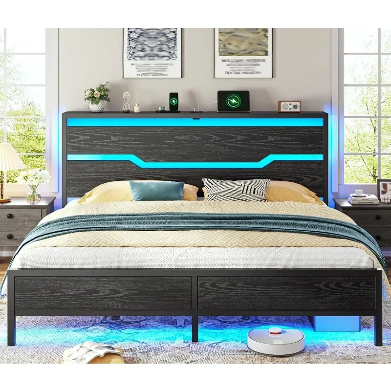 

Bed Frame with LED Lights & Charging Station, King Bed Frame and Headboard,13" Under Bed Storage,Metal Slats Support Customized