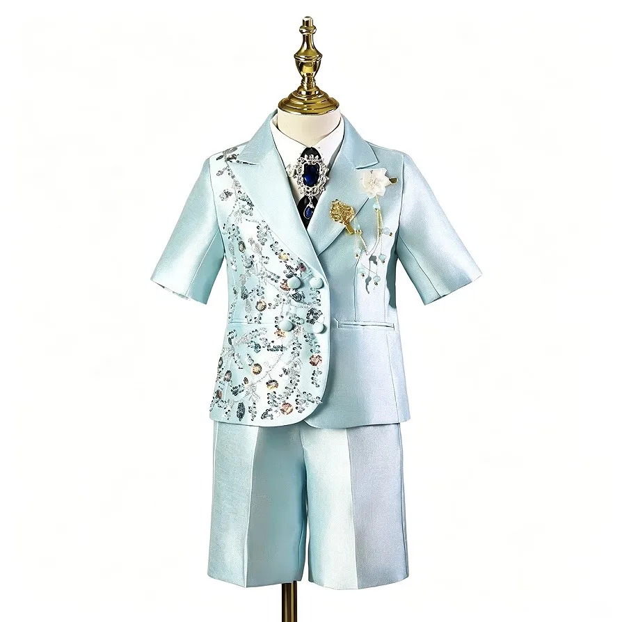 Boys Light Blue Short Sleeve Tuxedo Suit Set Kids Sequin Embroidery Blazer Shorts Brooch Children Wedding Pageant Party Costume