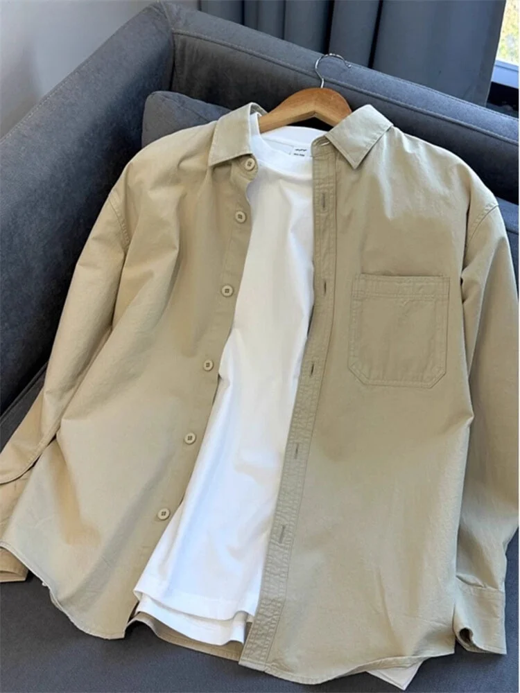

Khaki Long Sve Cotton irt Men's Loose Fit Spring Autumn Workwear Jaet Button down Faionable Urban Sle Youth irt