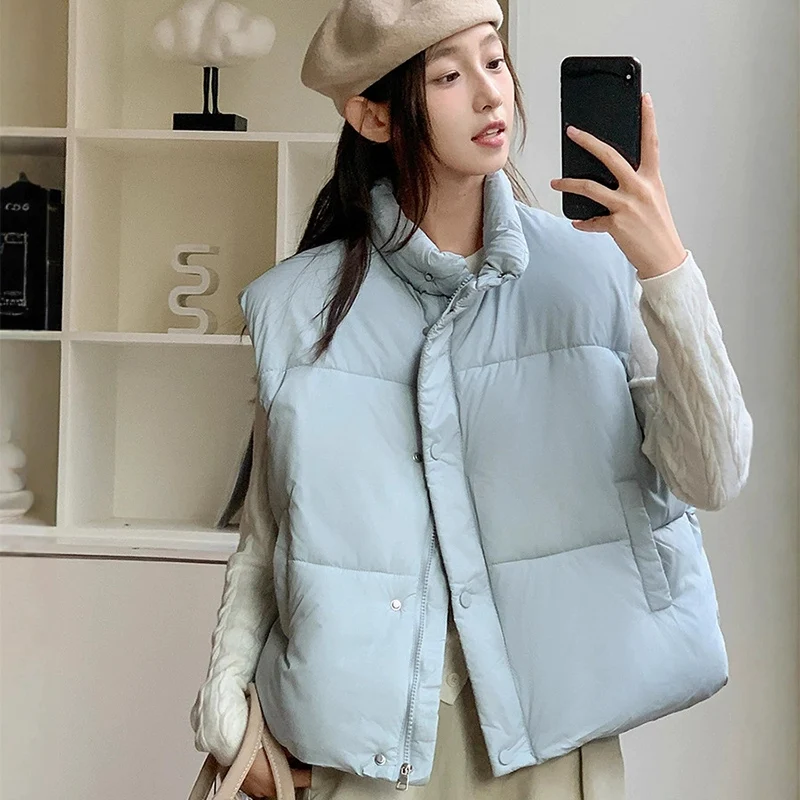 

Zipper Up Sleeveless Cotton Vest Women 2025 Winter Korean New Turn Down Collar Parkas Woman Thicken Short Waistcoat Ladies