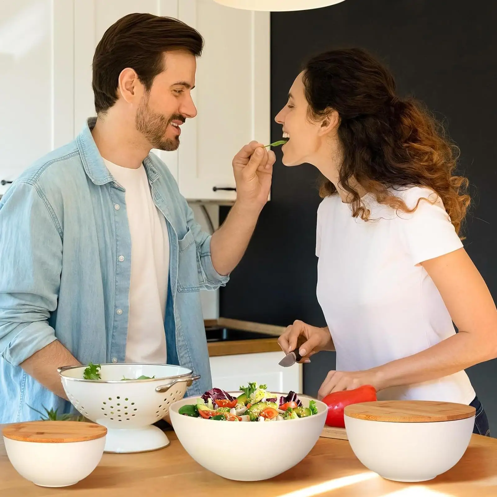 

Салатница с крышкой, 3-х шт., контейнеры для приготовления еды, контейнеры для хранения еды с деревянными крышками, сервировочные кухонные инструменты