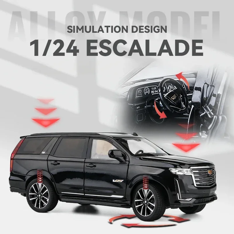 Pull Back Diecast Toy Vehicle 1:24 Cadillac Escalade Alloy Model with Sound Light Collection Miniature Voiture Boy Birthday Gift