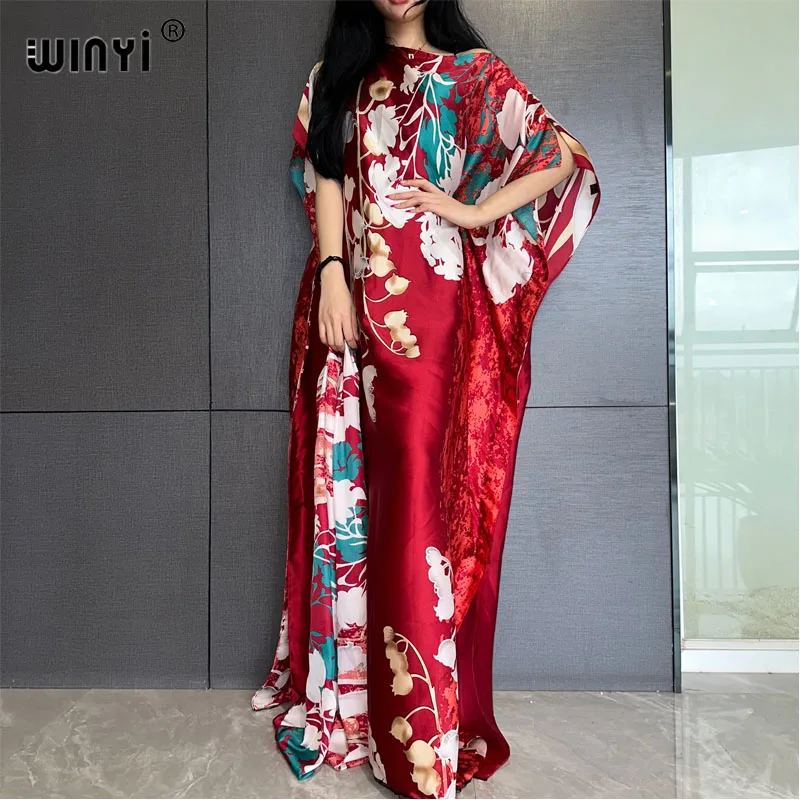 WINYI Africa summer Long Dress with belt Women fashion Print kaftan Casual Elegant Holiday summer Maxi silk Bohemian party dress