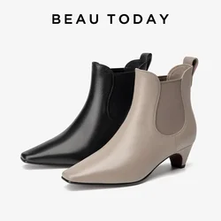 BEAUTODAY Ankle Boots Women Genuine Cow Leather Pointed Toe Solid Color Simple Versatile Ladies Shoes Handmade 03165