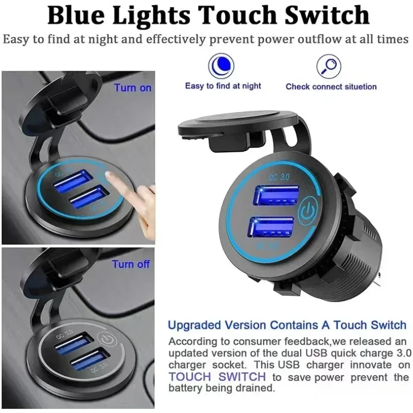 Car Quckly Charging Adapter 60W Dual QC 3.0 Dual USB Fast Car Charger Socket 12V/24V Waterproof with Switch Auto Power Outlet image 4