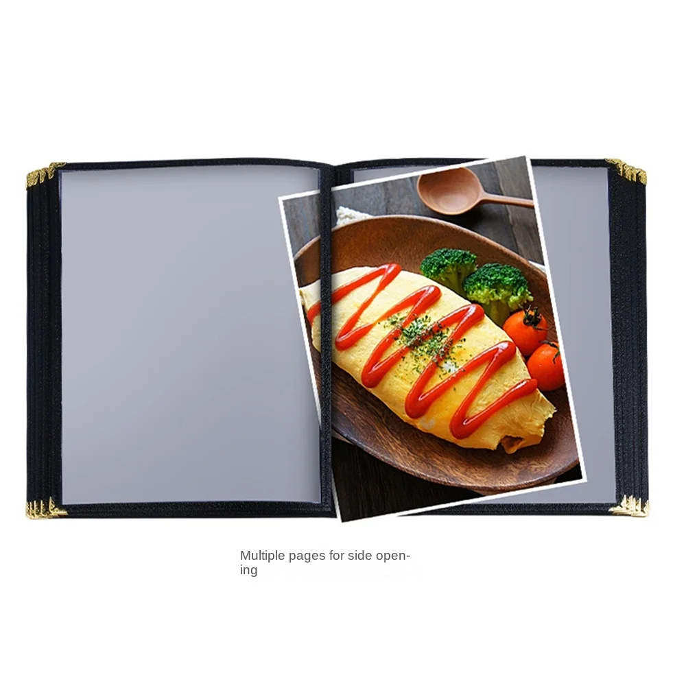 Capa de menu transparente dobrável em pvc, cantos de metal, reutilizável, suporte de papel para menu a4, vários tipos, tamanho carta, pasta de folhas soltas