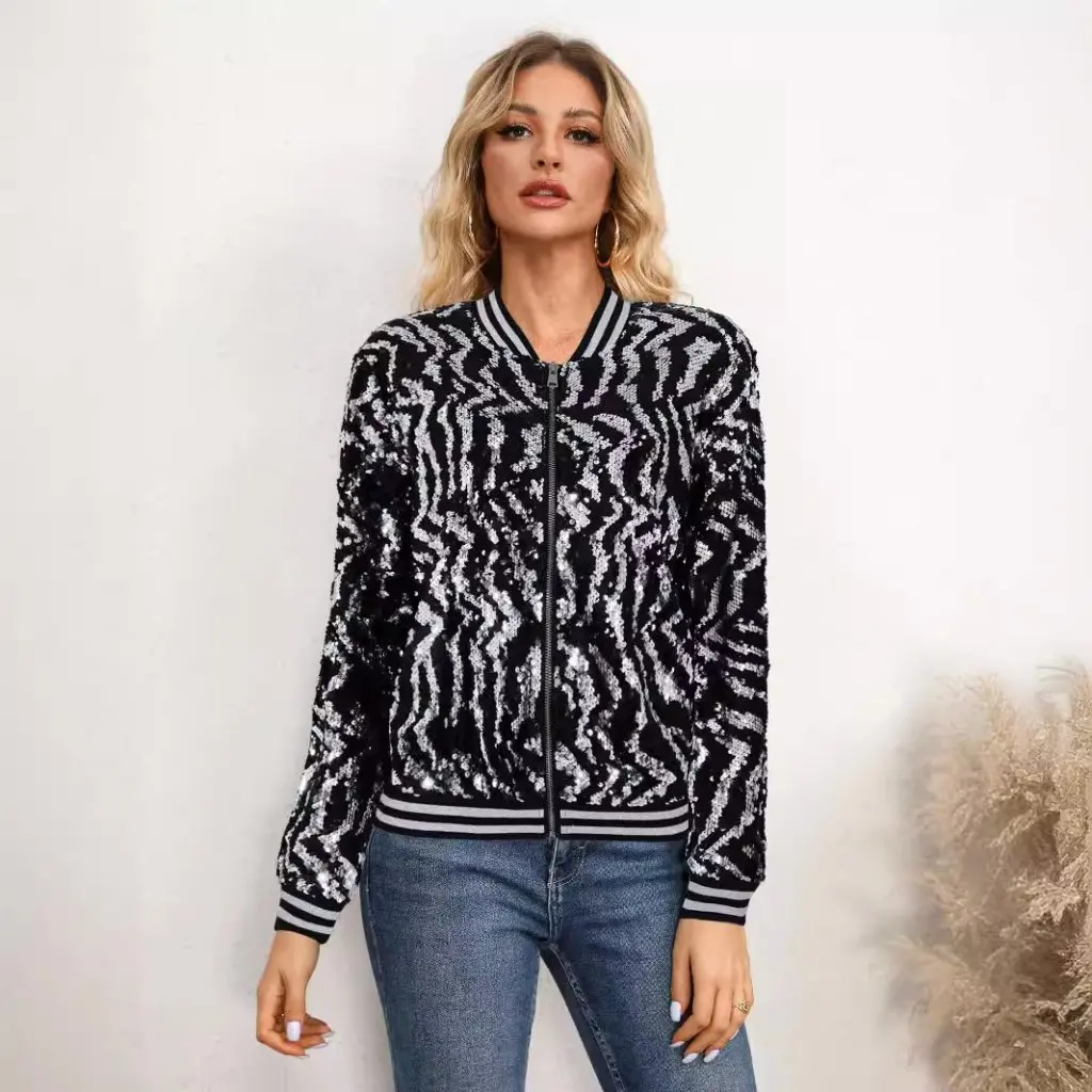 

Women's Silver Sequin Long Sleeve Baseball Jacket Fall/Winter Collection Cross-border Europe And America Style