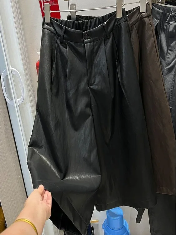 

Брюки с высокой талией, прямые, свободного кроя, повседневные, в стиле ретро, больших размеров, женские, модные, утягивающие, с широкими штанинами, из искусственной кожи.