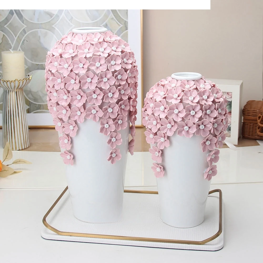 Ceramic Vase Embossed Three-dimensional Flower Pink Porcelain Handicraft Decoration Desktop Arrangement