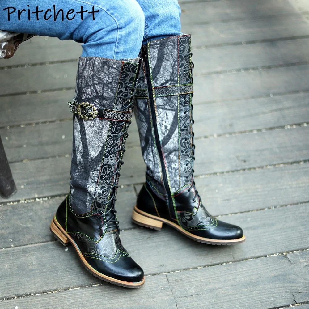 

Черно-серые сапоги в стиле пастушки с круглым носком на плоской подошве и металлической пряжкой Сапоги до колена Рыцарские сапоги Женская универсальная зимняя обувь для отдыха