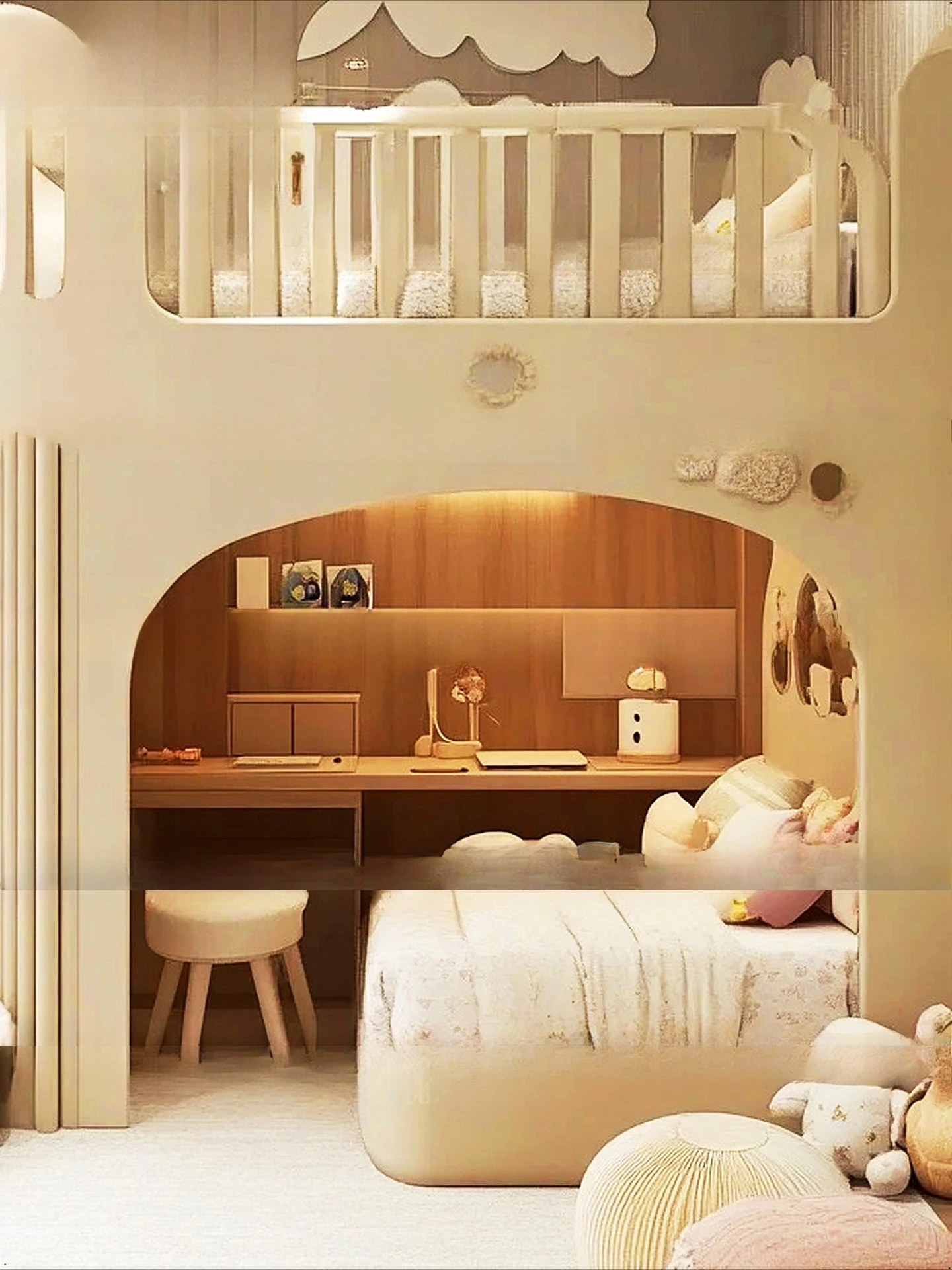 Łóżko dziecięce kremowe, łóżko dla dziewczynki, łóżko dla młodszej siostry, łóżko z szafką i stołem z schodami.