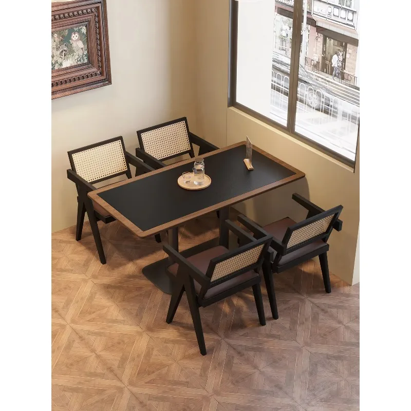 Retro Mid-Century Modern Dining Set With Rattan Backrest Chairs And Pedestal Table For Cafe And Restaurant Table And Chair Set