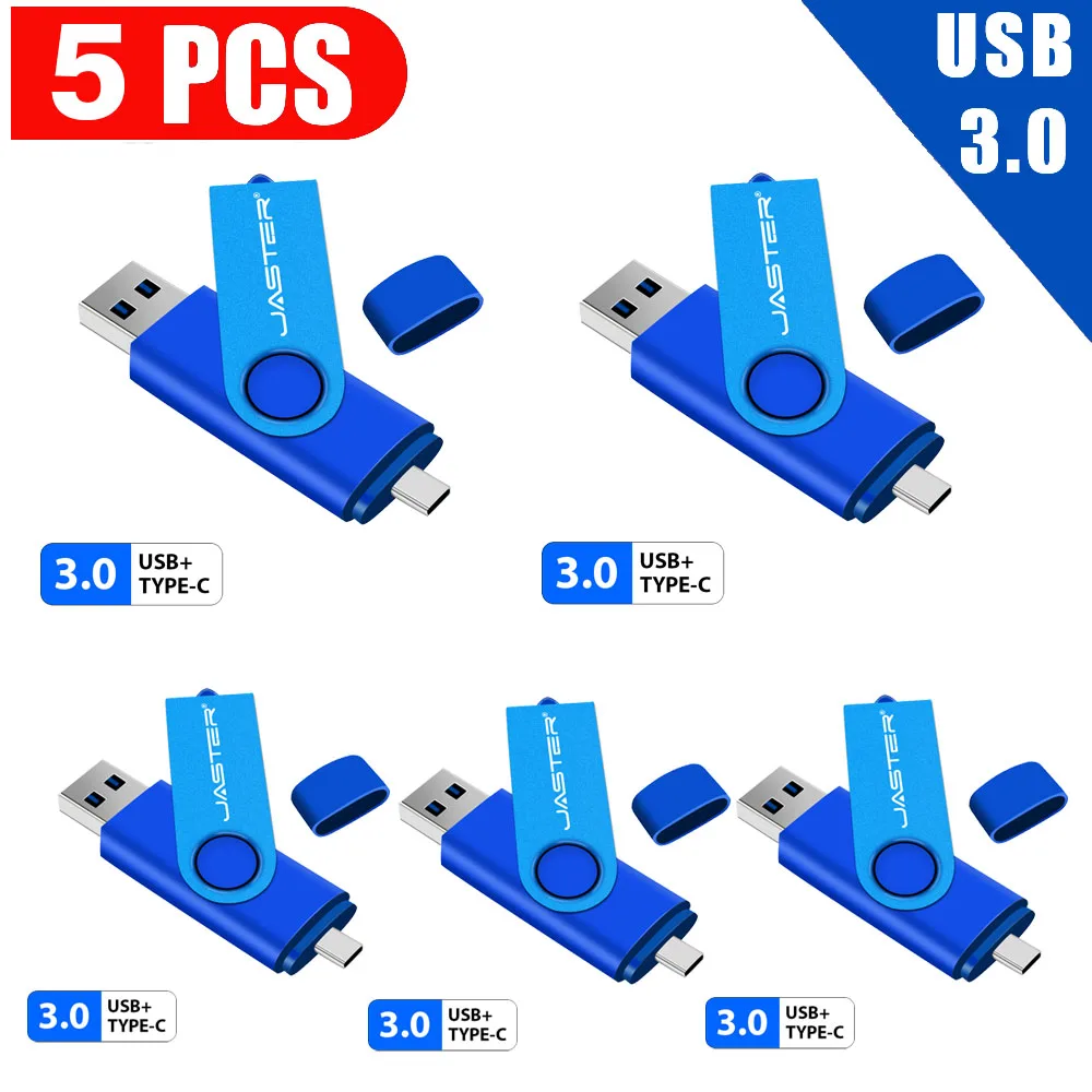 

5 шт. JASTER Type-C высокоскоростной флэш-накопитель USB 3.0 2IN1 свободно вращается Pen Drive 64 ГБ Многоформатный совместимый U-диск Реальная емкость