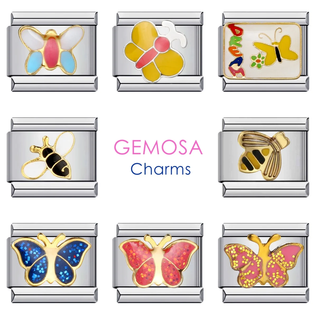 GEMOSA Colorful Glaze Y2k Fashion Bee Butterfly Ladybird Charm Links Fit 9mm Bracelet Stainless Steel Making DIY Jewelry