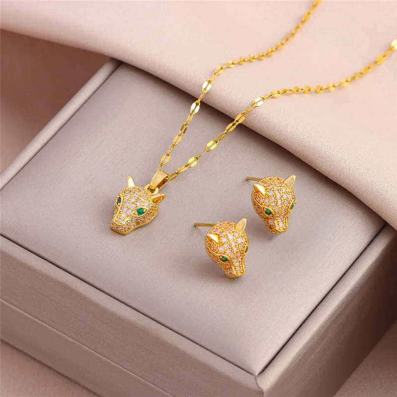 316L Stainless Steel Chain Micro Inlaid With Green Zircon Leopard Head Pendant Chain Goden Elegant Necklace Earring Jewelry Set