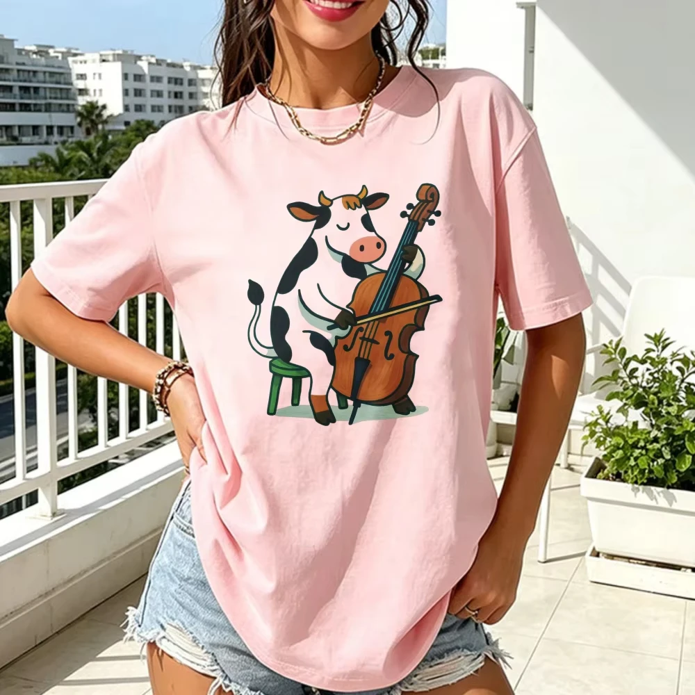 Cow Playing Cello Graphic T Shirt Women Cute Farm Animal String Instrument Print Tee Unisex Musician Kawaii Casual CottonTops