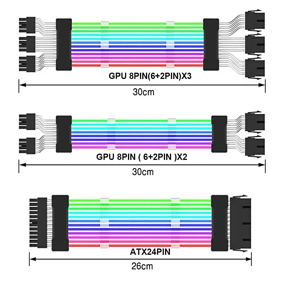 18AWG ARGB AURA SYNC PSU Extension Cable Kit ATX 24PIN GPU PCI-E 8PIN 6Pin RGB Computer Module Cables 3*8/2*8pin