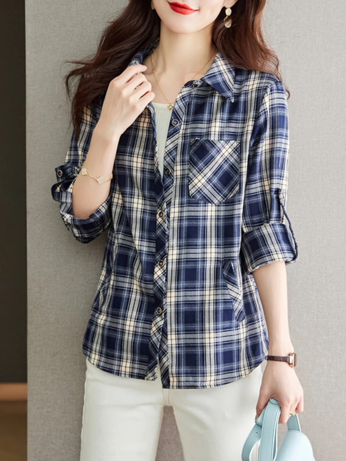 Retro Plaid Women's Shirt Thin Outerwear Autumn Fashion Casual Elegant Top Button up Korean Style Long Sleeve Loose Fit